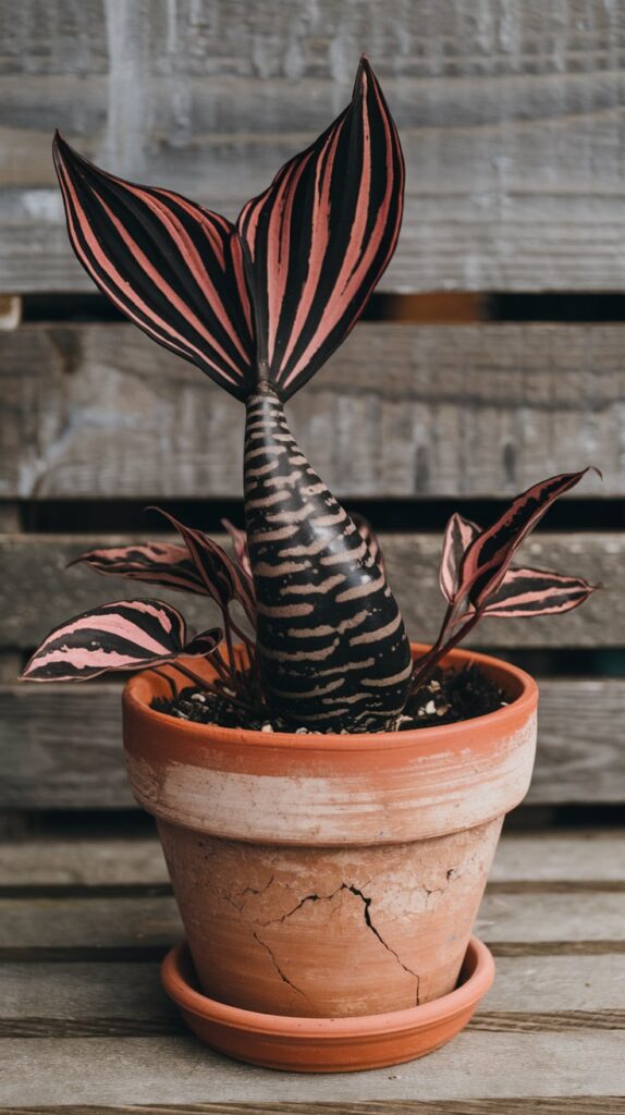 Mermaid Plant with unique striped leaves in a cracked terracotta pot