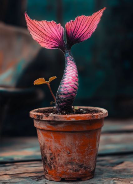 Mermaid Plant with a vibrant pink and black scaly stem and fin-like leaves, growing in a rustic terracotta pot