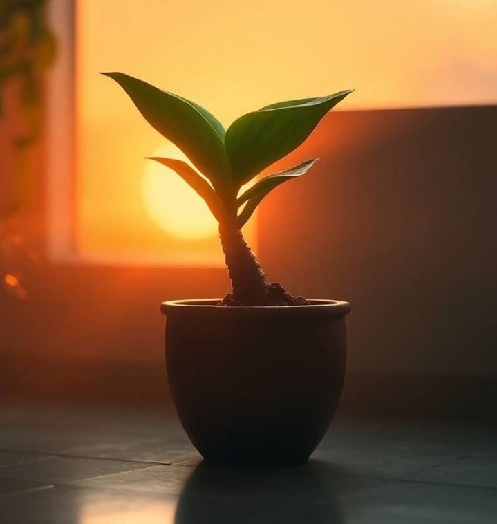 Mermaid Plant with a fish-scale stem and large green leaves in a terracotta pot, illuminated by mystical lighting in a dimly lit room