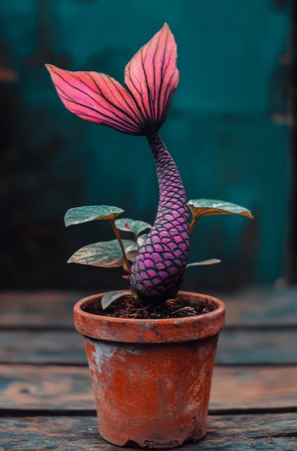 Mermaid Plant with a pink scaly stem and vibrant fins-like leaves in a rustic terracotta pot on a wooden surface