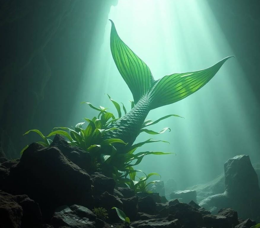 Mermaid tail with green scales surrounded by aquatic plants and illuminated by sunlight in an underwater cave