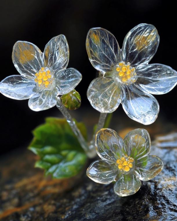 Close-up of Diphylleia Grayi flower with translucent petals and yellow stamens.