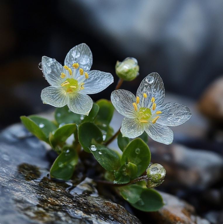 Close-up of Diphylleia Grayi flower with transparent petals and yellow stamens on a rock surface.