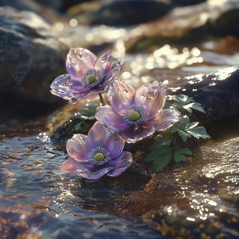 Diphylleia Grayi flowers with translucent purple petals, yellow stamens, and water droplets, growing near a stream among rocks.