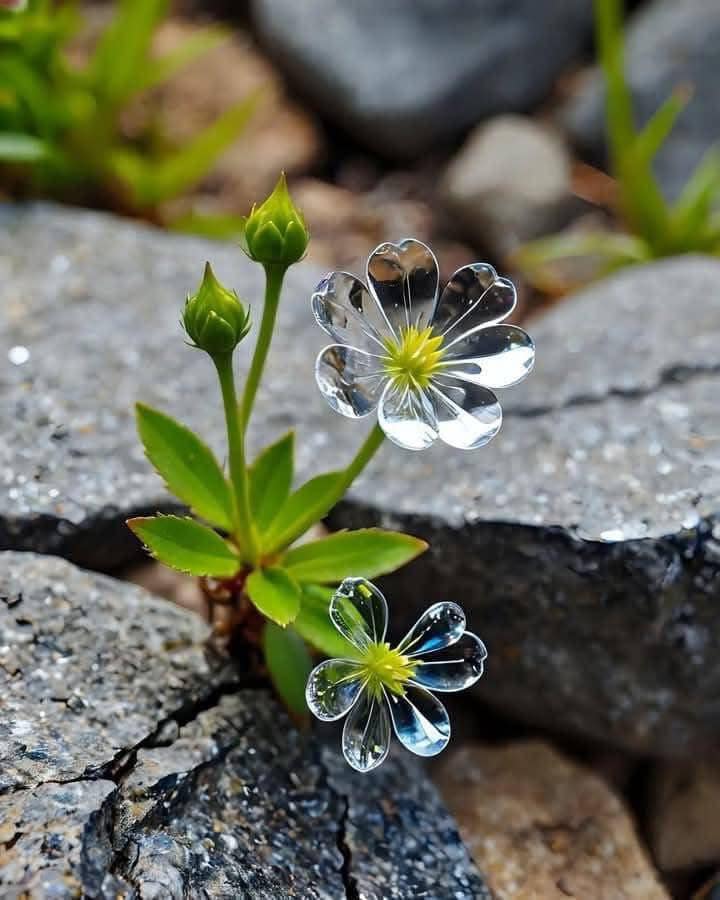 A stunning Diphylleia Grayi flower, also known as the skeleton flower, featuring transparent, glass-like petals and a vibrant yellow center, growing vibrantly between gray rocks.