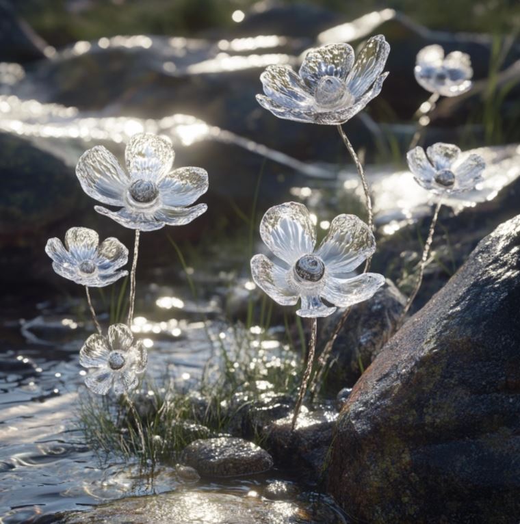 Group of Diphylleia Grayi flowers with translucent petals growing near water, surrounded by rocks and grass.