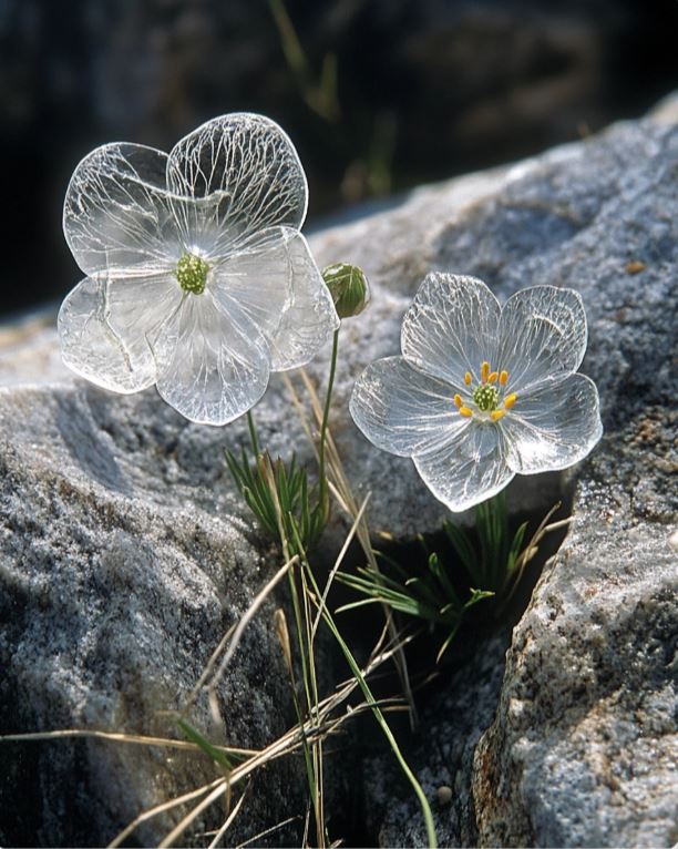 Diphylleia Grayi flowers with translucent petals and yellow stamens growing between rocks.