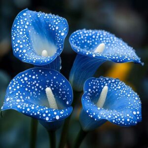 Blue and white Calla Lilies with dewdrops, elegant flowers with a speckled pattern