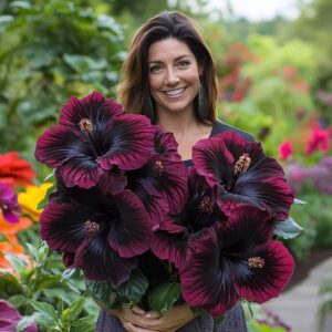 Woman holding giant Black Hibiscus flowers, stunning dark blooms in a garden