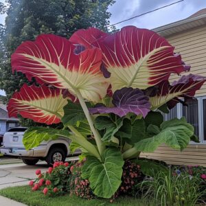 Giant red and purple Elephant Ear plant with cream accents in a front yard, creating a vibrant and striking garden display