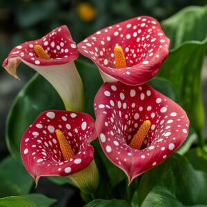 Red and white polka dot Calla Lilies, unique patterned flowers in bloom