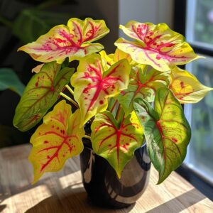 Vibrant Caladium plant with colorful heart-shaped leaves featuring yellow, green, and red patterns