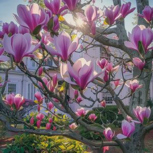 Pink magnolia tree blossoms in full bloom, illuminated by sunlight, with a house in the background