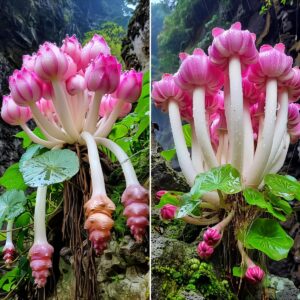 Mystical Rock Lotus with pale pink blooms and vibrant magenta roots growing on a rocky surface in a misty, ethereal environment.