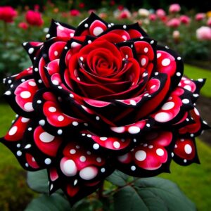 Polka-dotted red and black rose with white dots in a vibrant garden