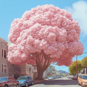 Massive Cherry Blossom Tree in Full Pink Bloom Overlooking a Neighborhood Street