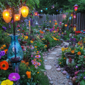 Magical garden pathway lined with vibrant flowers and glowing lanterns at dusk