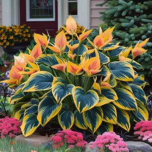 Variegated Hosta plant with yellow, green, and orange leaves in a garden near pink flowers.