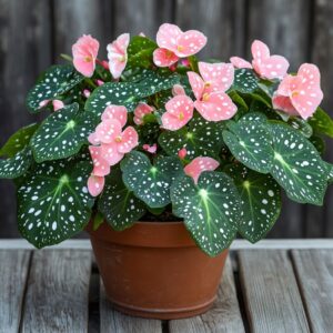 Begonia Moonlight Bay in a pot with large green leaves and pink flowers