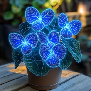 Begonia Moonlight Butterfly Seeds with glowing blue butterfly-shaped flowers in a brown pot on a wooden table.