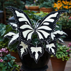 Begonia Moonlight Butterfly plant with striking black and white butterfly-shaped leaves in a black pot.