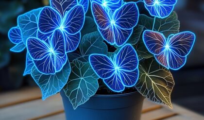 Begonia Moonlight Butterfly with vivid blue glowing leaves in a dark pot.