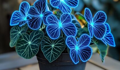 Begonia Moonlight Butterfly with glowing blue leaves in a black pot.