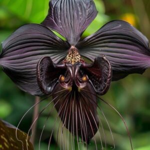 Close-up of the Black Bat Flower with dark, bat-like petals and long whiskers.