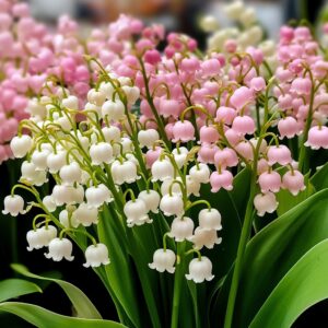 White and pink Lily of the Valley flowers blooming in a garden.