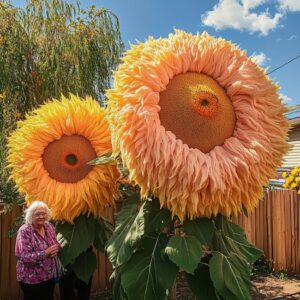 Elderly Woman Standing Beside Giant Teddy Bear Sunflowers in a Garden