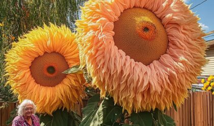 Elderly Woman Standing Beside Giant Teddy Bear Sunflowers in a Garden