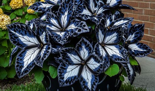 Striking black and white Butterfly Begonia plant in a decorative pot, placed in a front yard garden