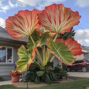 Giant red and green Elephant Ear Plant in front yard