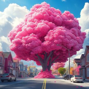 Majestic Pink Jacaranda tree towering over a street lined with houses.