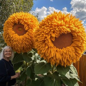 Giant fluffy sunflowers with thick yellow petals in a garden