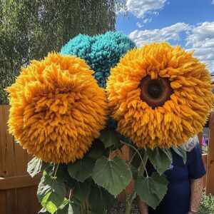 Giant Teddy Bear Sunflower with Orange and Blue Blooms in a Garden