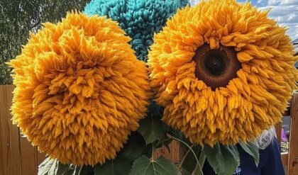 Giant Teddy Bear Sunflower with Orange and Blue Blooms in a Garden