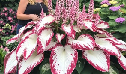 Giant Variegated Red and White Hostas with pink flower spikes and a person for scale