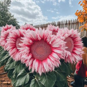 Close-up of a group of large pink and white Giant Teddy Bear Sunflowers with fluffy petals in a garden, with a woman standing beside them