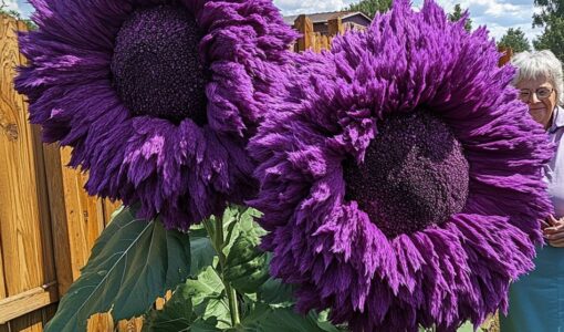 Close-up of two large purple Giant Teddy Bear Sunflowers with fluffy petals in a garden, with an elderly woman standing beside them