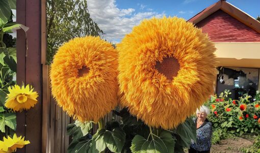 Close-up of two large yellow Giant Teddy Bear Sunflowers with fluffy petals in a garden, next to an elderly woman and a house in the background