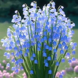 Lily of the Valley plant with vibrant blue bell-shaped flowers in a green garden