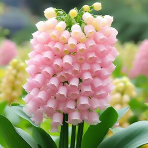 Lily of the Valley plant with a cluster of soft pink bell-shaped flowers in a green garden