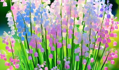 Lily of the Valley plant with multicolored pink, blue, and white bell-shaped flowers in a green garden