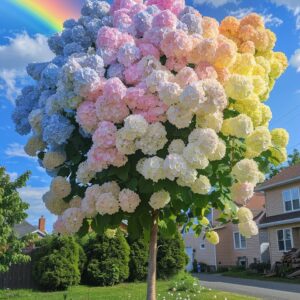 Rainbow-colored Hydrangea tree with a vibrant rainbow in the background