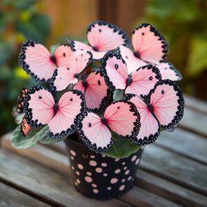 Moonlight Butterfly Begonia plant with pink butterfly-shaped petals in a decorative pot.