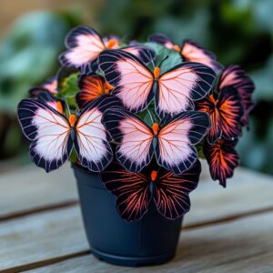 A vibrant Moonlight Butterfly Begonia plant in a black pot with butterfly-shaped orange and pink leaves.