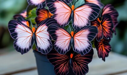 A vibrant Moonlight Butterfly Begonia plant in a black pot with butterfly-shaped orange and pink leaves.