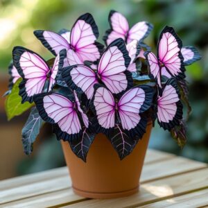 Moonlight Butterfly Begonia plant with striking pink and black butterfly-shaped petals in a brown pot.