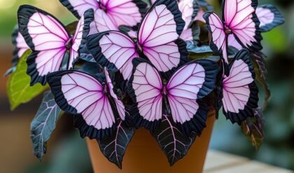 Moonlight Butterfly Begonia plant with striking pink and black butterfly-shaped petals in a brown pot.